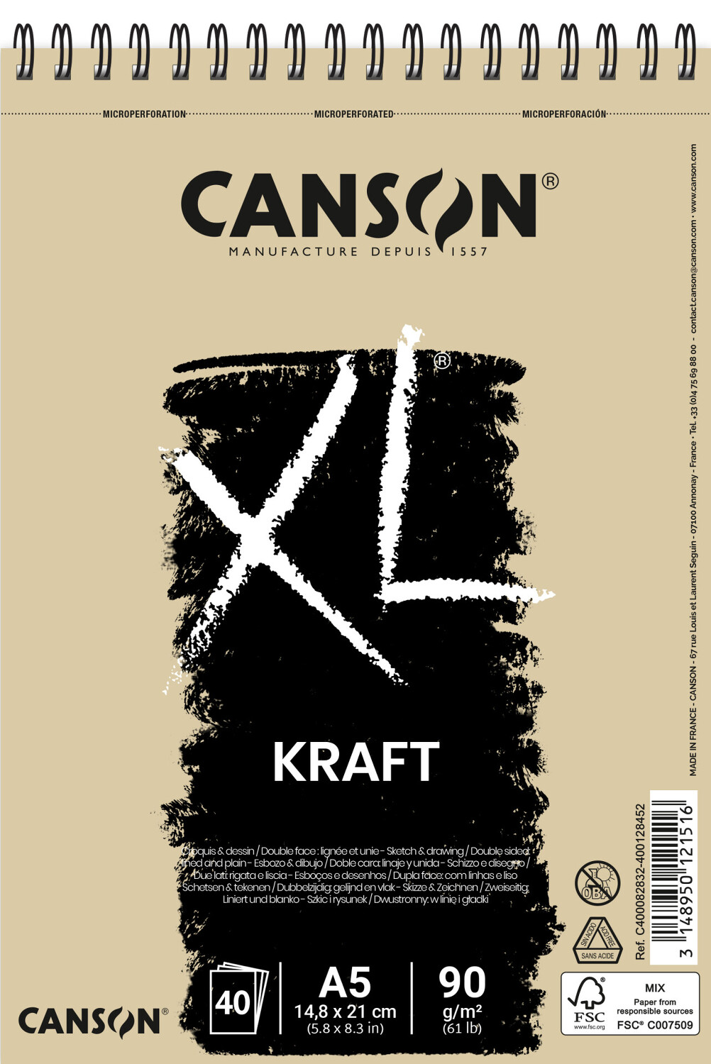 Skicák XL Kraft A5 40l 90g kroužk. vazba Canson
