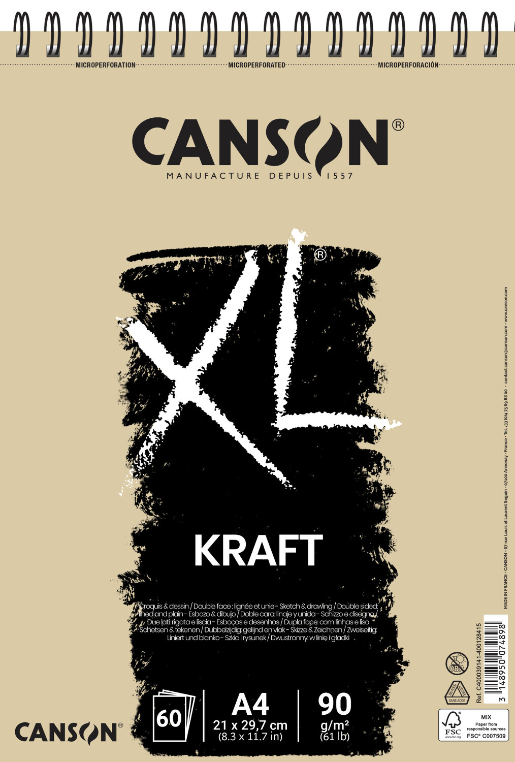 Skicák XL Kraft A4 60l 90g kroužk. vazba Canson