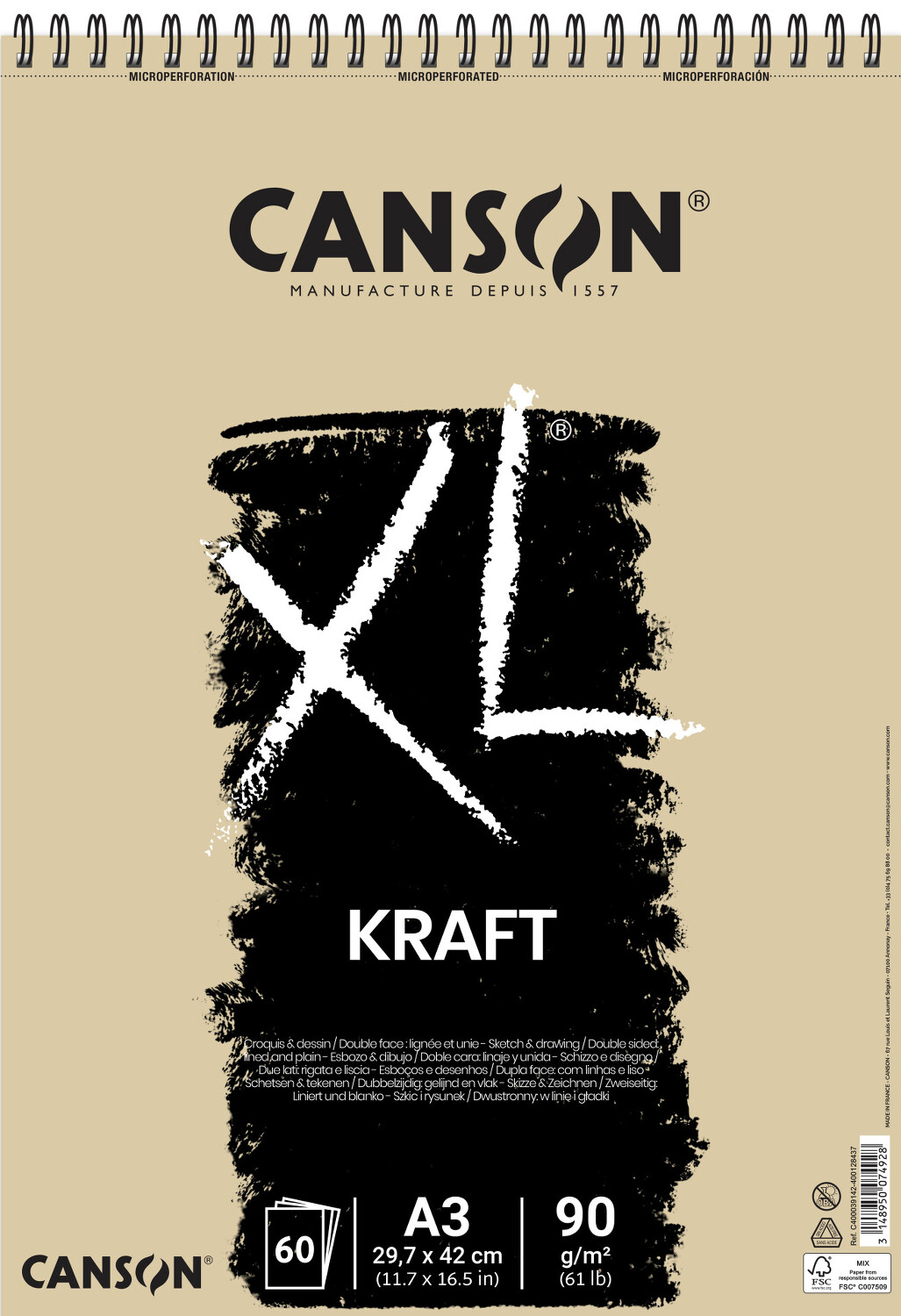 Skicák XL Kraft A3 60l 90g kroužk. vazba Canson